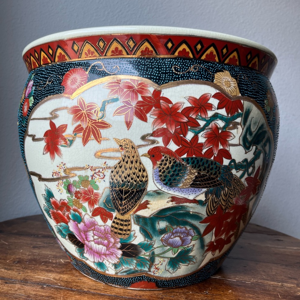 Vintage Chinoiserie Large Porcelain Koi Fish Planter Bowl Cachepot
